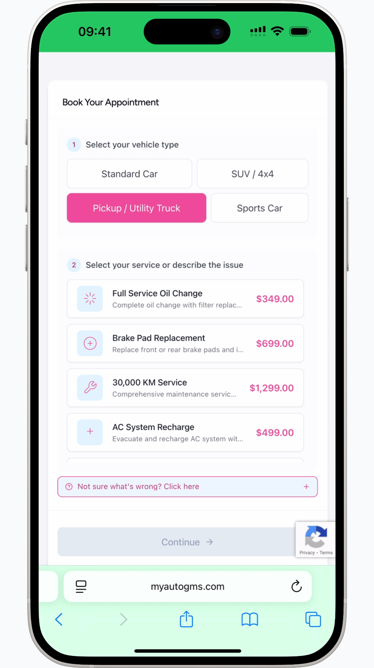 Mobile instant booking page mockup for autoGMS