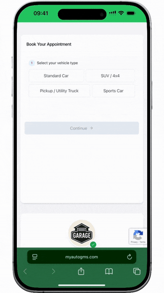 Mobile-first garage booking interface showing service selection, vehicle type chooser, date picker, and instant appointment confirmation for auto repair shops