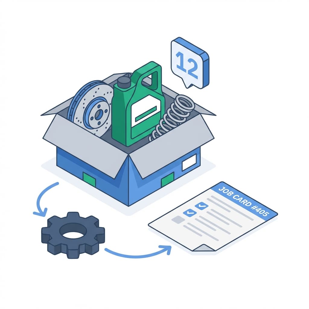 Parts Inventory Management feature - Track parts, usage, and reorders in your garage software.. Low-stock alerts, One-click supplier reorders