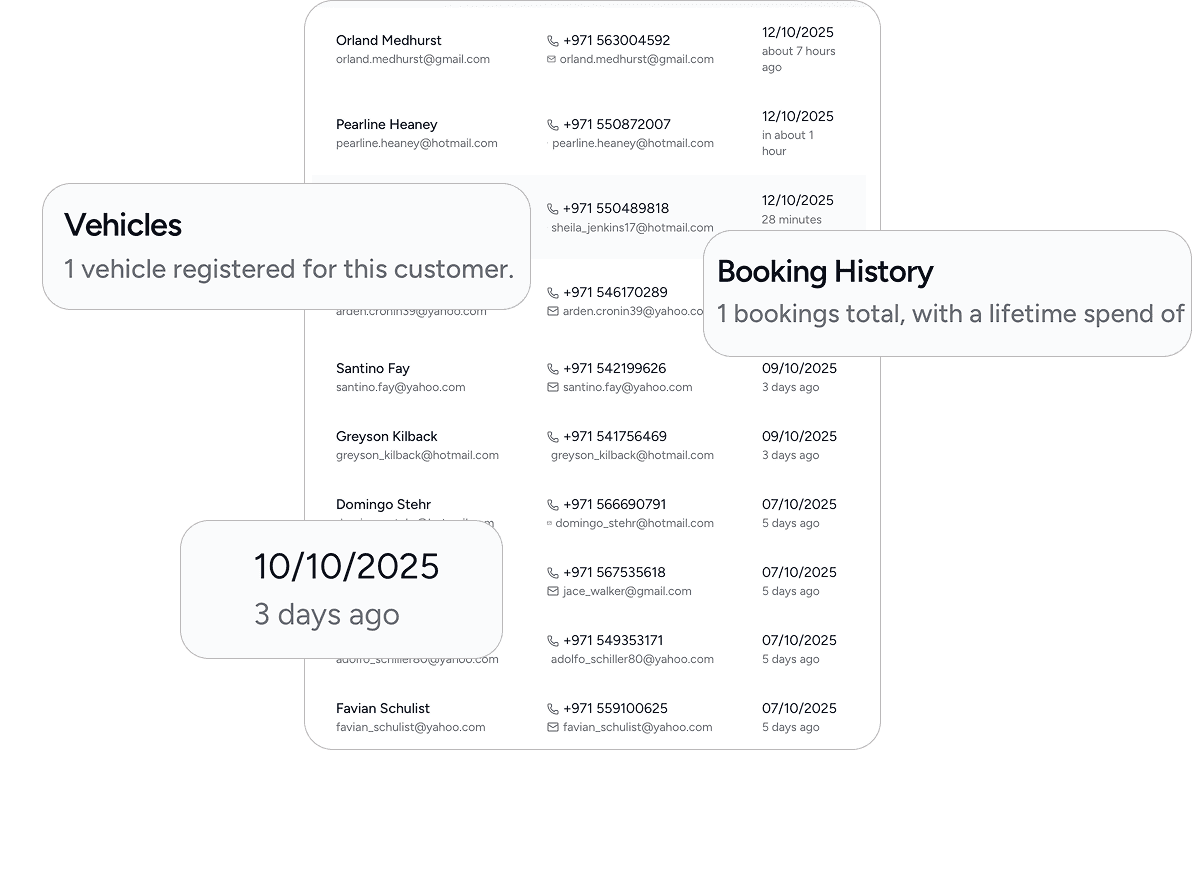 AutoGMS customer CRM and vehicle history interface for UAE workshops - complete service records, VIN lookup, and customer management used by Dubai garages