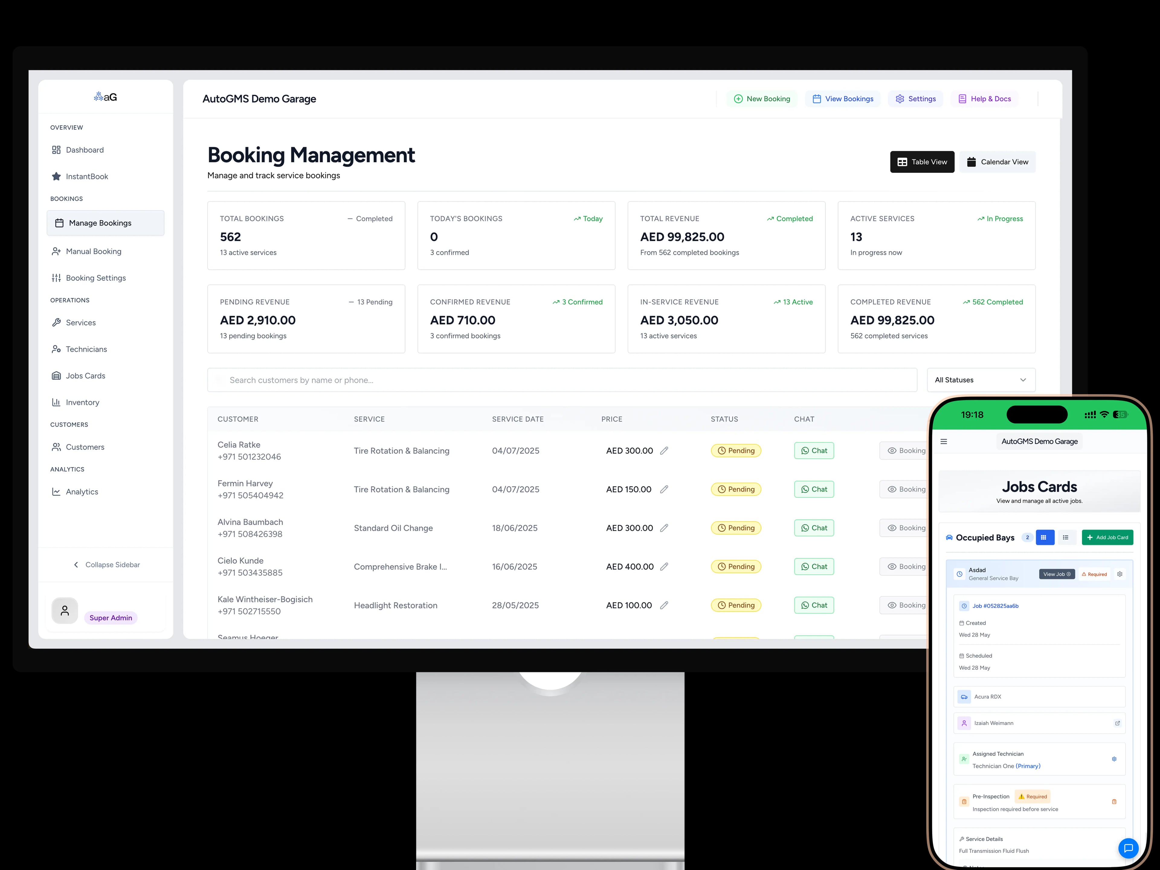AutoGMS garage management software interface on desktop, tablet and mobile devices showing booking management dashboard, job scheduling, customer database, and revenue analytics for auto repair shops